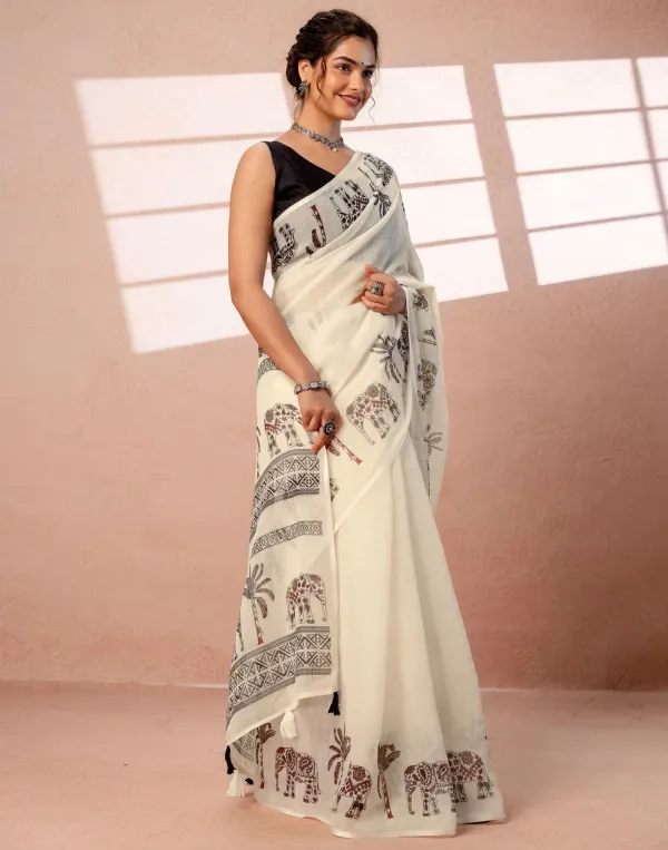 Off_White_Linen_Cotton_Elephant_Palm_Tree_Block_Printed_Saree_With_Tassels_Black_Blouse_Veronica_Fashin_Hub
