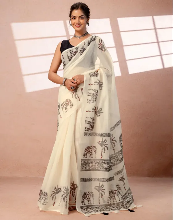 Off_White_Linen_Cotton_Elephant_Palm_Tree_Block_Printed_Saree_With_Tassels_Black_Blouse_Veronica_Fashin_Hub
