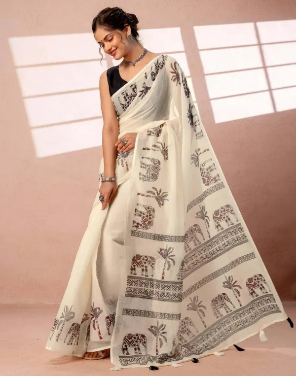 Off_White_Linen_Cotton_Elephant_Palm_Tree_Block_Printed_Saree_With_Tassels_Black_Blouse_Veronica_Fashin_Hub