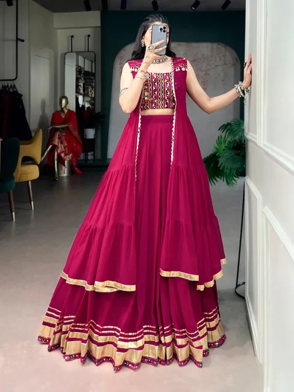 Magenta_Red_Gamthi_Work_Lehenga_Choli_Set_With_Mirror_Long_Koti_Jacket