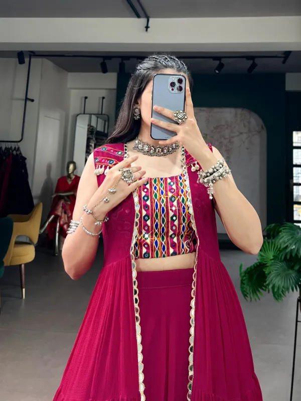 Magenta_Red_Gamthi_Work_Lehenga_Choli_Set_With_Mirror_Long_Koti_Jacket