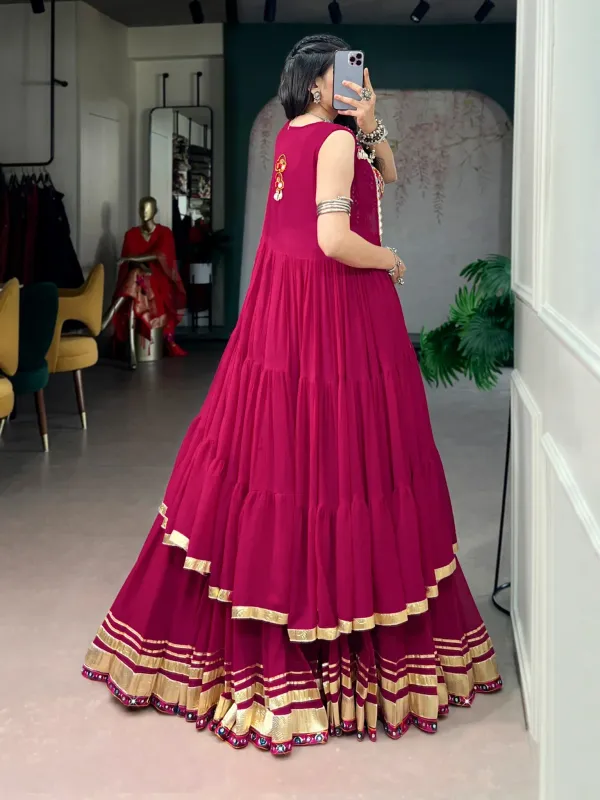 Magenta_Red_Gamthi_Work_Lehenga_Choli_Set_With_Mirror_Long_Koti_Jacket