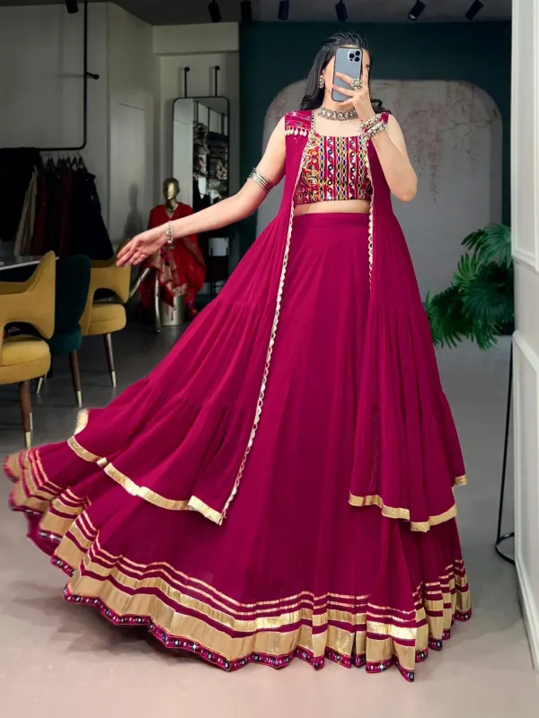 Magenta_Red_Gamthi_Work_Lehenga_Choli_Set_With_Mirror_Long_Koti_Jacket