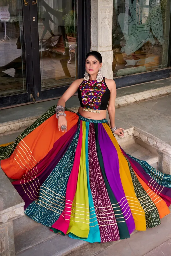 Multi_Color_Panel_Bandhani_Print_Flared_Lehenga_Choli_Set_With_Pure_Rayon_Lehenga_Featuring_Printed_Design_With_Gota_Patti_Detailing_Veronica_Fashion_Hub