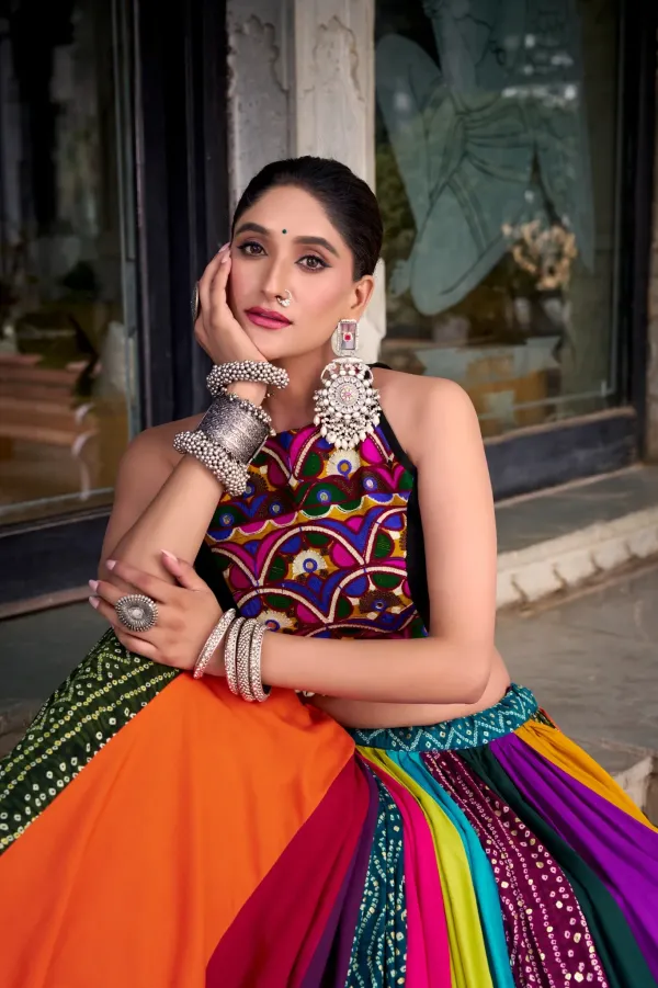 Multi_Color_Panel_Bandhani_Print_Flared_Lehenga_Choli_Set_With_Pure_Rayon_Lehenga_Featuring_Printed_Design_With_Gota_Patti_Detailing_Veronica_Fashion_Hub