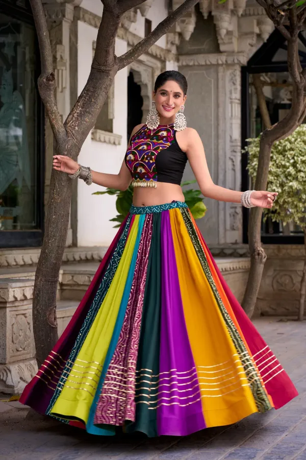 Multi_Color_Panel_Bandhani_Print_Flared_Lehenga_Choli_Set_With_Pure_Rayon_Lehenga_Featuring_Printed_Design_With_Gota_Patti_Detailing_Veronica_Fashion_Hub