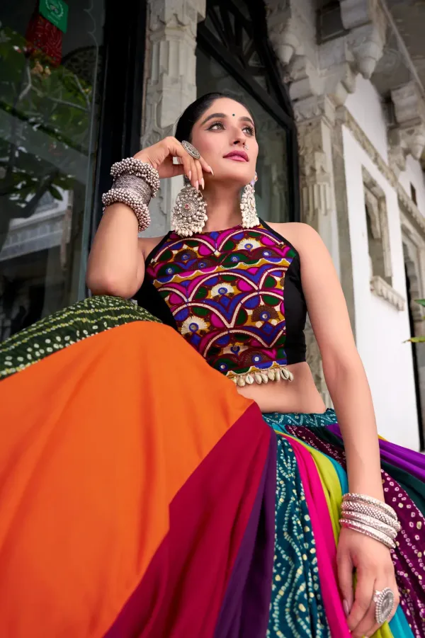 Multi_Color_Panel_Bandhani_Print_Flared_Lehenga_Choli_Set_With_Pure_Rayon_Lehenga_Featuring_Printed_Design_With_Gota_Patti_Detailing_Veronica_Fashion_Hub
