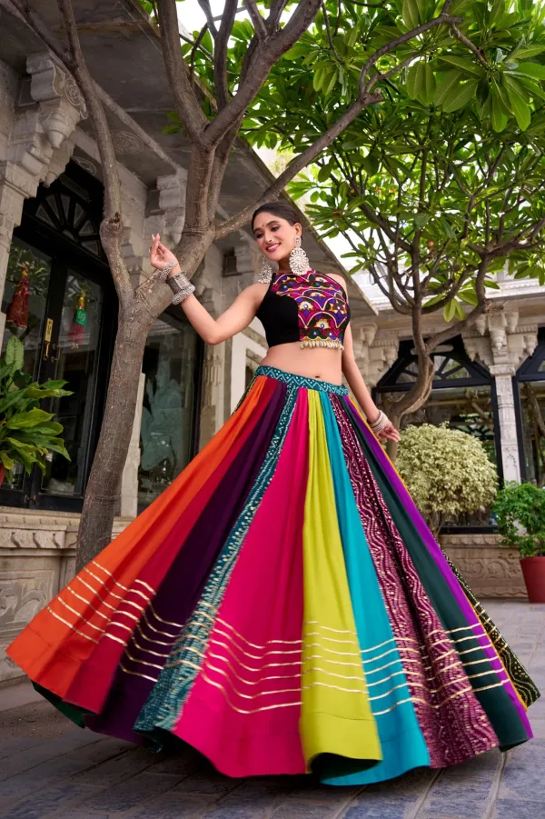 Multi_Color_Panel_Bandhani_Print_Flared_Lehenga_Choli_Set_With_Pure_Rayon_Lehenga_Featuring_Printed_Design_With_Gota_Patti_Detailing_Veronica_Fashion_Hub