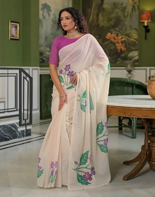Beige_Linen_Floral_Printed_Saree