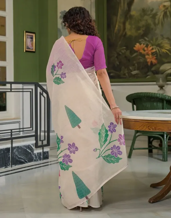 Beige_Linen_Floral_Printed_Saree