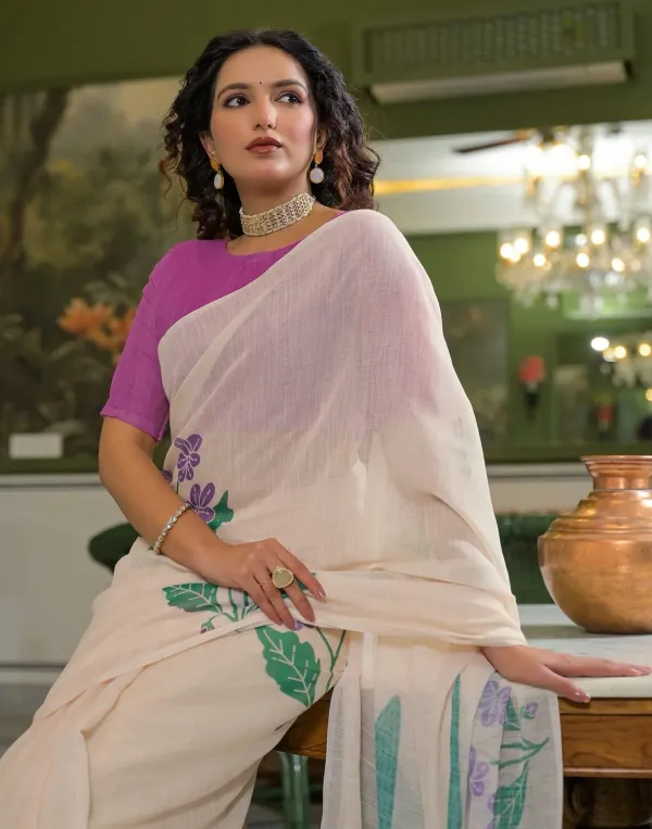 Beige_Linen_Floral_Printed_Saree