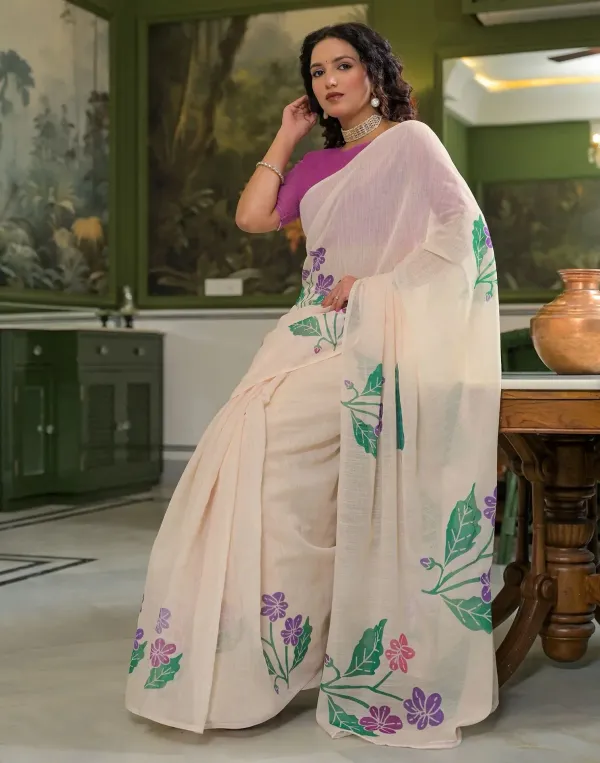 Beige_Linen_Floral_Printed_Saree