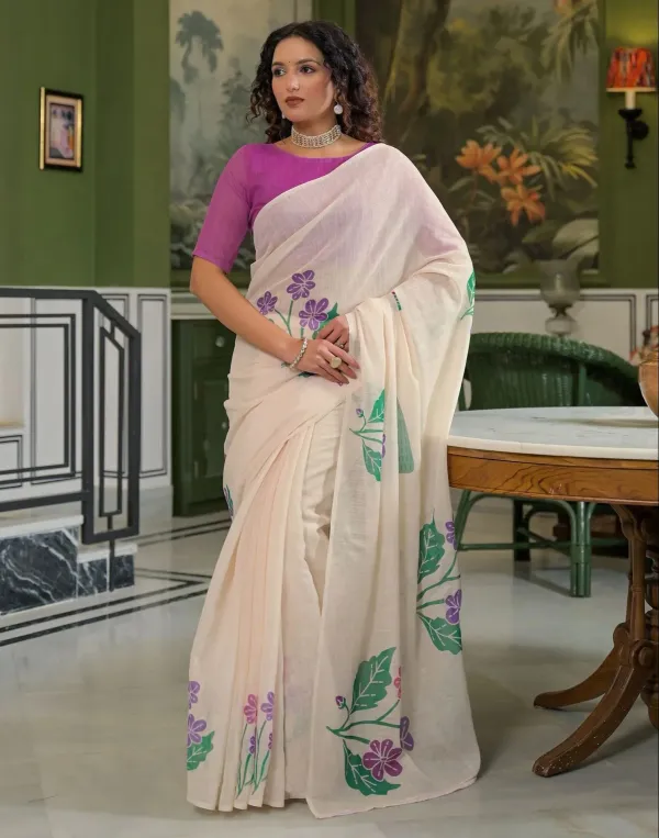 Beige_Linen_Floral_Printed_Saree