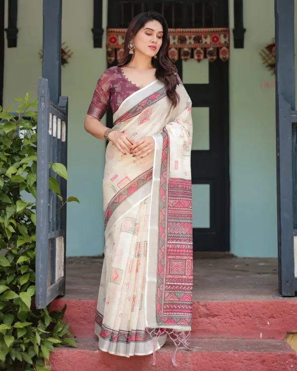 Elegant_Off_White_Linen_Cotton_Saree_With_Wine_Tribal_Geometric_Print
