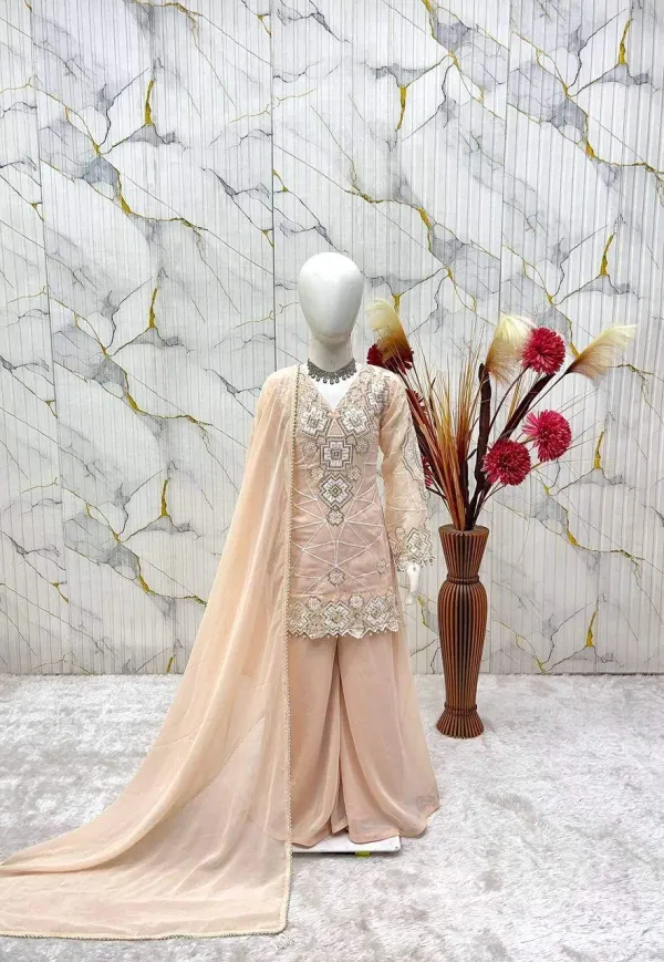 Peach_Girls_Wedding_Wear_Top_Palazzo_And_Dupatta_Set_With_Sequence_Work