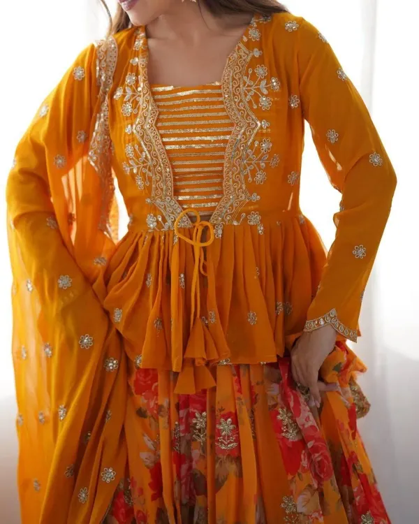 Mustard_Yellow_Floral_Printed_Georgette_Lehenga_Set_With_Peplum_Lehengha_Choli_Dupatta