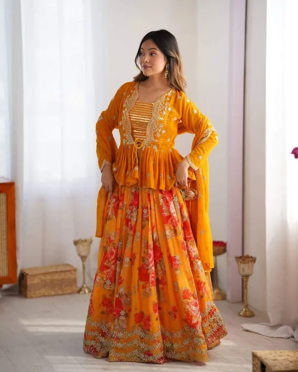 Mustard_Yellow_Floral_Printed_Georgette_Lehenga_Set_With_Peplum_Lehengha_Choli_Dupatta
