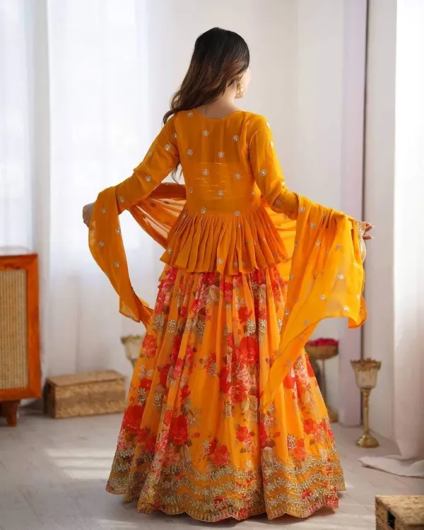 Mustard_Yellow_Floral_Printed_Georgette_Lehenga_Set_With_Peplum_Lehengha_Choli_Dupatta