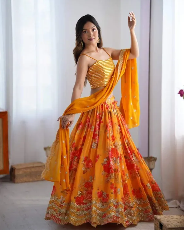 Mustard_Yellow_Floral_Printed_Georgette_Lehenga_Set_With_Peplum_Lehengha_Choli_Dupatta