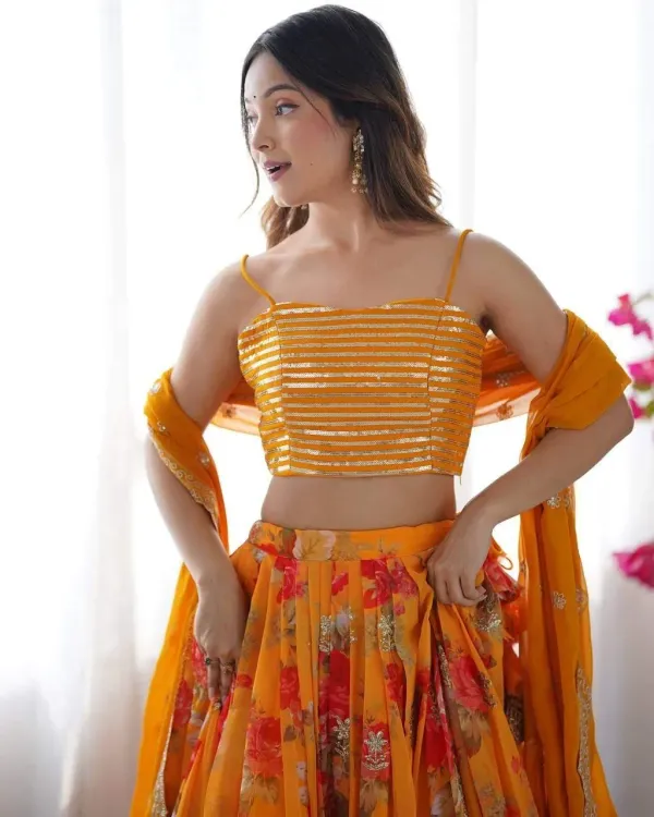 Mustard_Yellow_Floral_Printed_Georgette_Lehenga_Set_With_Peplum_Lehengha_Choli_Dupatta