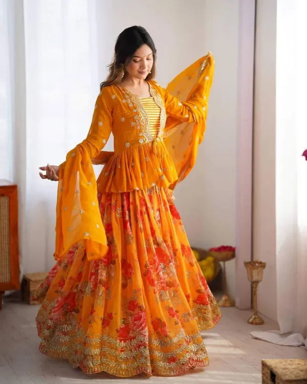 Mustard_Yellow_Floral_Printed_Georgette_Lehenga_Set_With_Peplum_Lehengha_Choli_Dupatta