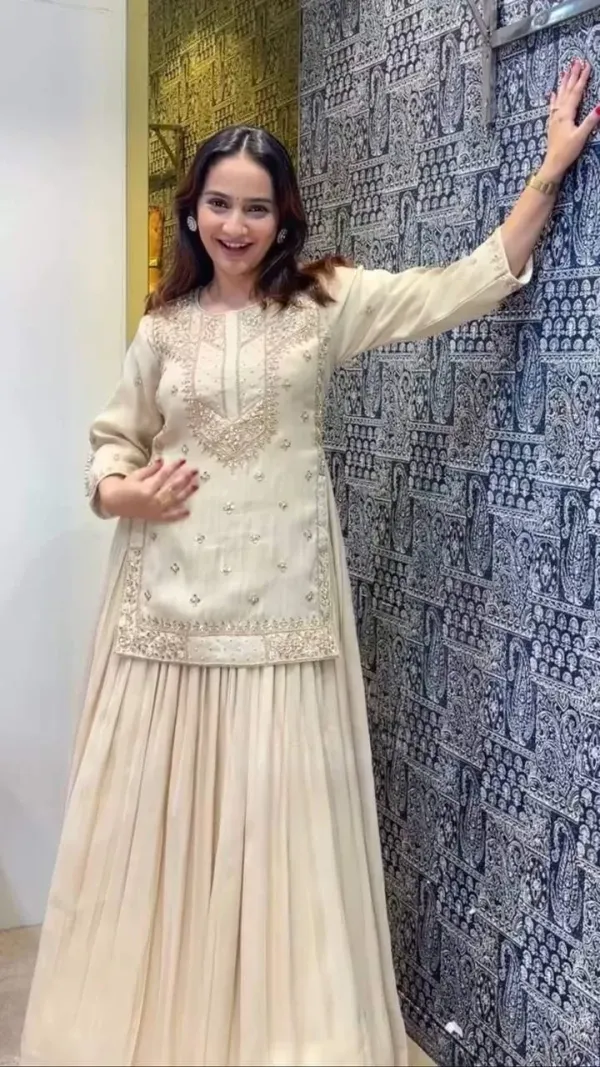 Cream_Beige_Georgette_Kurti_Skirt_Set_With_Gold_Zari_Mirror_Embroidery_Veronica_Fashion_Hub