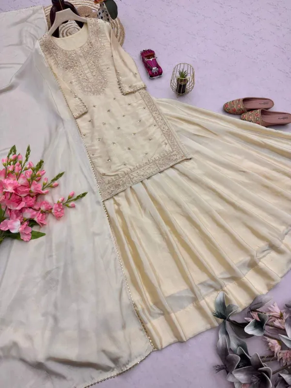 Cream_Beige_Georgette_Kurti_Skirt_Set_With_Gold_Zari_Mirror_Embroidery_Veronica_Fashion_Hub