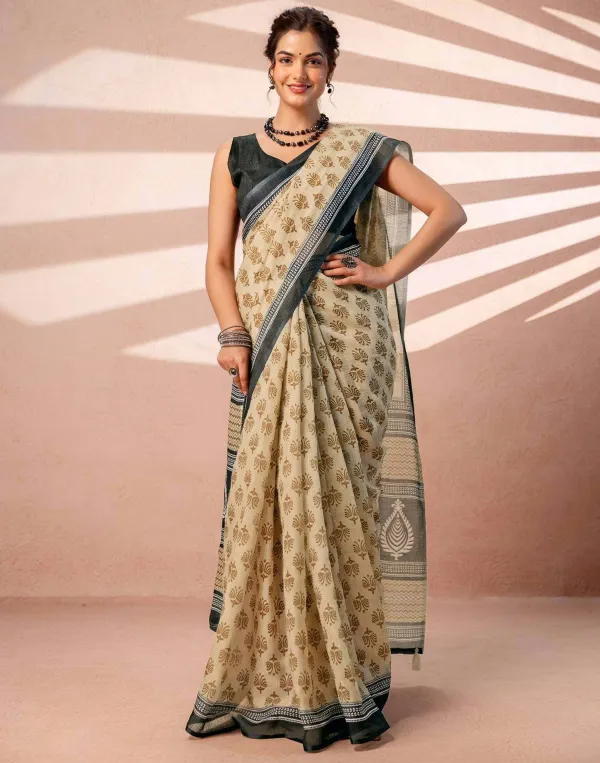 Dark_Beige_Linen_Printed_Saree