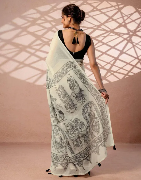 Off_White_Linen_Cotton_Kalamkari_Figures_Printed_Saree_With_Tassels_Black_Blouse_Veronica_Fashion_Hub