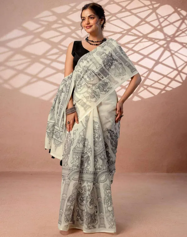 Off_White_Linen_Cotton_Kalamkari_Figures_Printed_Saree_With_Tassels_Black_Blouse_Veronica_Fashion_Hub