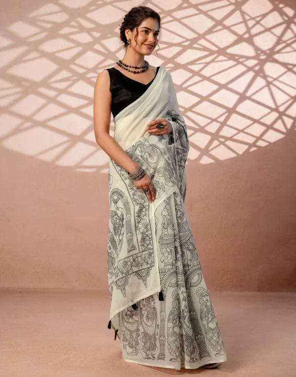 Off_White_Linen_Cotton_Kalamkari_Figures_Printed_Saree_With_Tassels_Black_Blouse_Veronica_Fashion_Hub