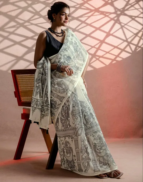 Off_White_Linen_Cotton_Kalamkari_Figures_Printed_Saree_With_Tassels_Black_Blouse_Veronica_Fashion_Hub