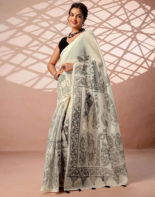 Off_White_Linen_Cotton_Kalamkari_Figures_Printed_Saree_With_Tassels_Black_Blouse_Veronica_Fashion_Hub