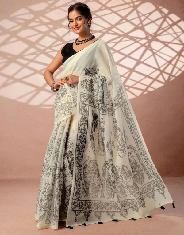 Off_White_Linen_Cotton_Kalamkari_Figures_Printed_Saree_With_Tassels_Black_Blouse_Veronica_Fashion_Hub