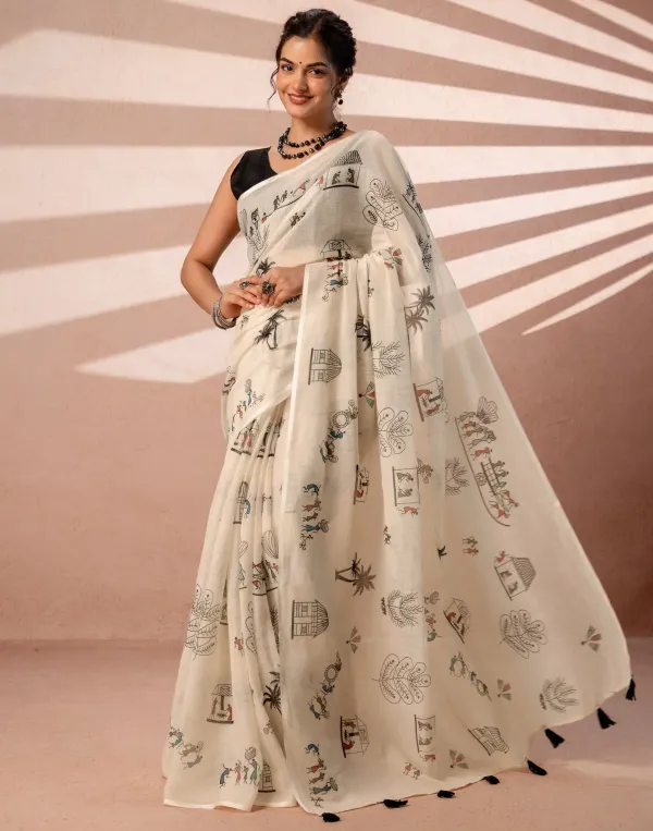 Off_White_Linen_Saree_Features_A_Unique_Black_Warli_Tribal_Art_Print_Depicting_Village_Scenes