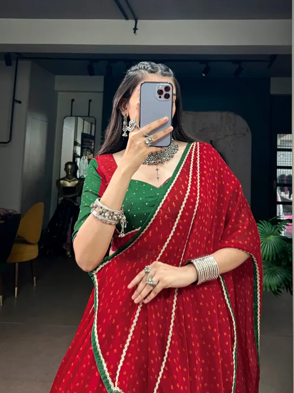 Durga_Pooja_Wear_Red_Lehenga_Choli_Traditional_Bandhej_Satin_Chiffon_Lehenga