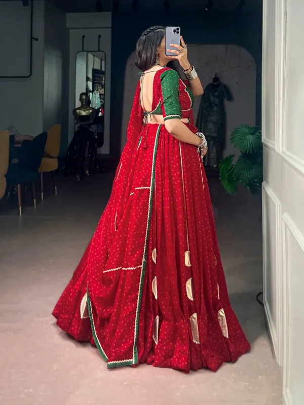 Durga_Pooja_Wear_Red_Lehenga_Choli_Traditional_Bandhej_Satin_Chiffon_Lehenga
