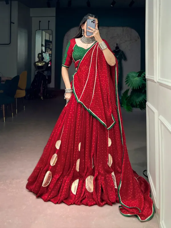 Durga_Pooja_Wear_Red_Lehenga_Choli_Traditional_Bandhej_Satin_Chiffon_Lehenga