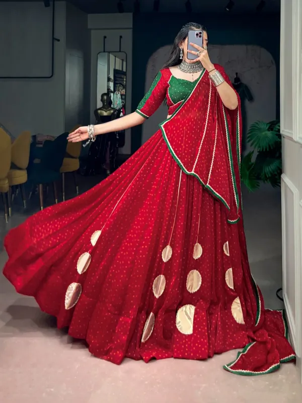 Durga_Pooja_Wear_Red_Lehenga_Choli_Traditional_Bandhej_Satin_Chiffon_Lehenga