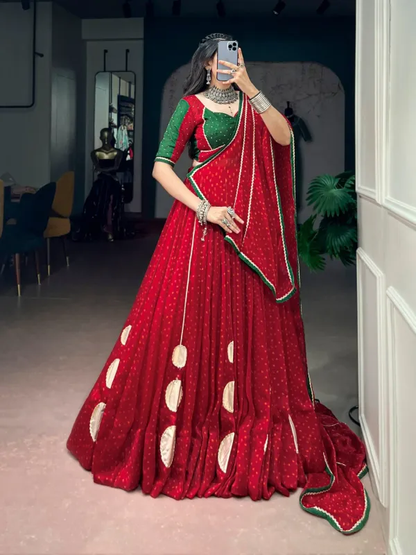 Durga_Pooja_Wear_Red_Lehenga_Choli_Traditional_Bandhej_Satin_Chiffon_Lehenga