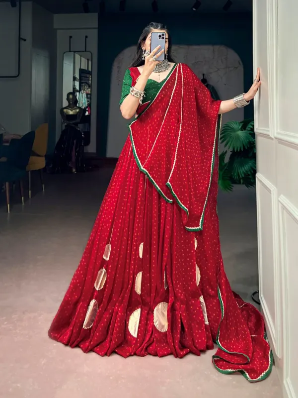 Durga_Pooja_Wear_Red_Lehenga_Choli_Traditional_Bandhej_Satin_Chiffon_Lehenga