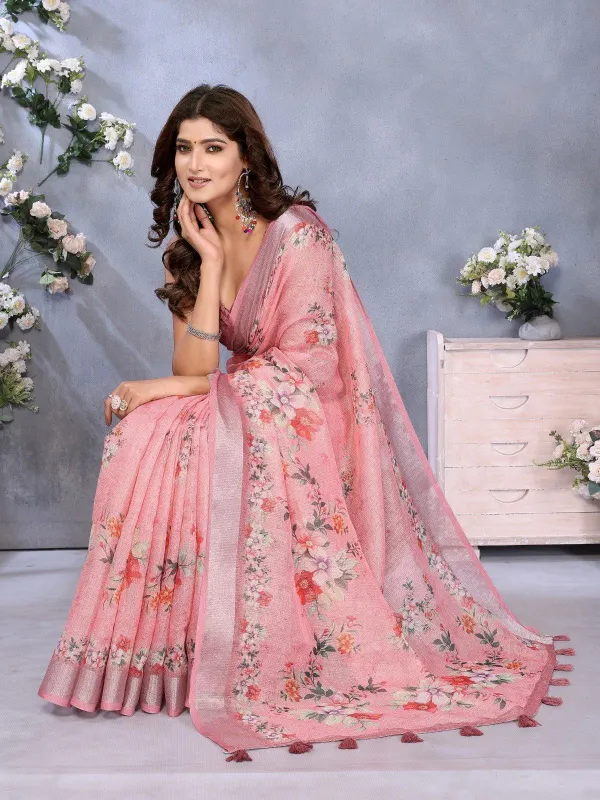 Pink_Floral_Print_Linen_Cotton_Saree