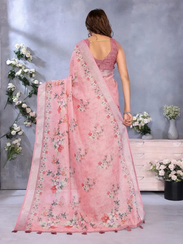 Pink_Floral_Print_Linen_Cotton_Saree