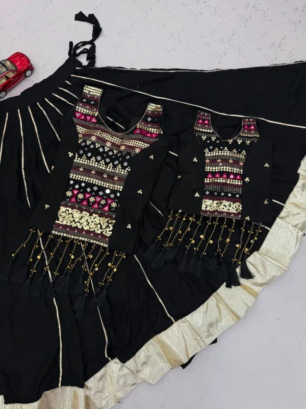 Navratri_Special_Mother_Daughter_Black_Cotton_Mirror_Hand_Work_Lehenga_Choli