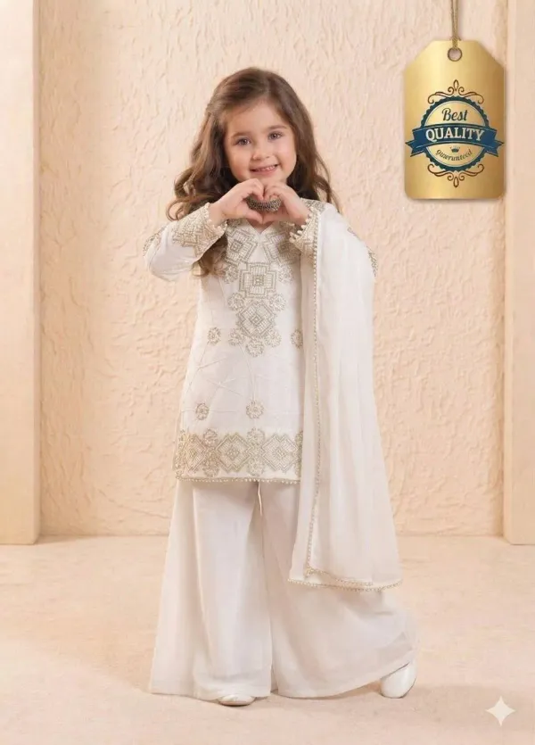 White_Girls_Wedding_Wear_Top_Palazzo_And_Dupatta_Set_With_Sequence_Work