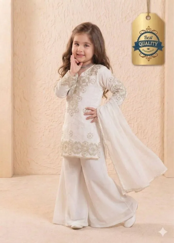 White_Girls_Wedding_Wear_Top_Palazzo_And_Dupatta_Set_With_Sequence_Work