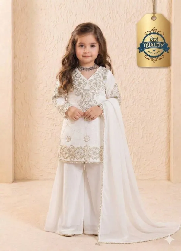 White_Girls_Wedding_Wear_Top_Palazzo_And_Dupatta_Set_With_Sequence_Work