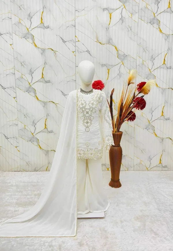 White_Girls_Wedding_Wear_Top_Palazzo_And_Dupatta_Set_With_Sequence_Work