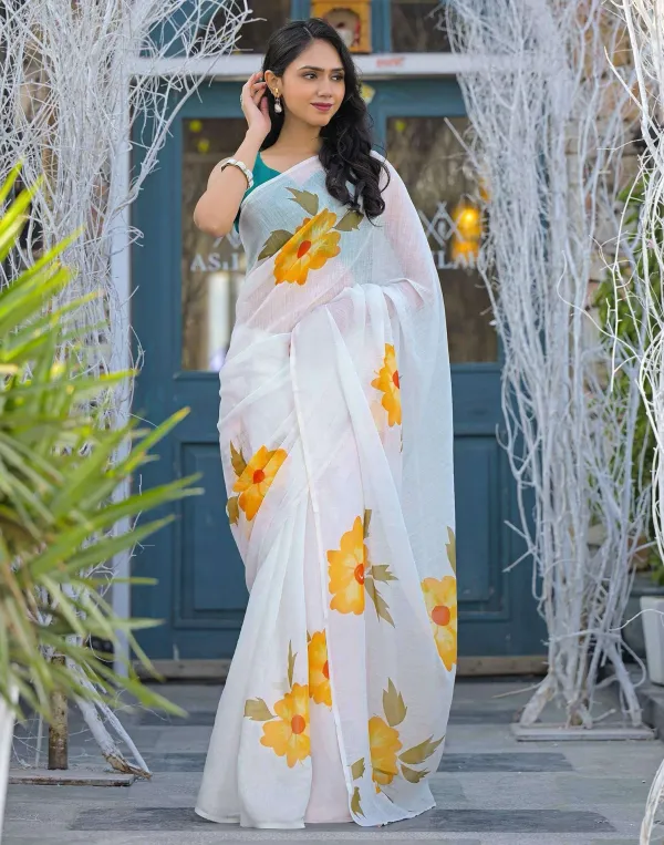 Off_White_Linen_Yellow_Floral_Printed_Saree