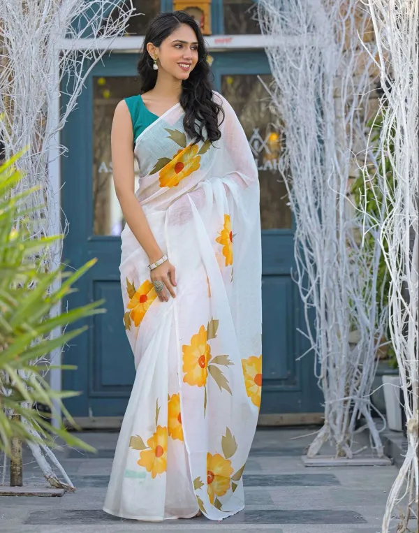 Off_White_Linen_Yellow_Floral_Printed_Saree